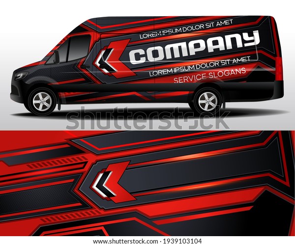 Delivery van vector design. Car sticker. Car design\
development for the company. Car branding. Car brand sticker in red\
and black