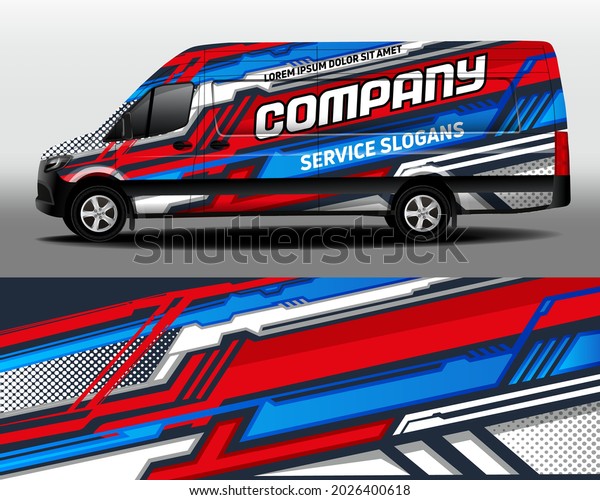 Delivery van vector design. Car design\
development for the company. Car branding. Decal with a car brand\
in blue and red\
colors\
