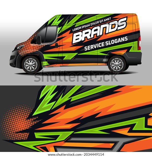 Delivery van vector design. Car sticker.\
Branded car sticker in green and orange\
colors.\
