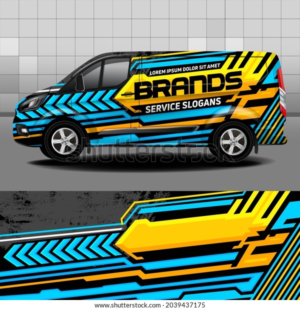 Delivery van vector design. Car sticker. Car\
design development for the company. Blue and yellow stripes on\
black background for car vinyl\
decal\
