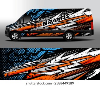 Delivery van vector design. Pop art car decal. Abstract comic explosion background with halftone dots black and blue for vinyl car sticker.