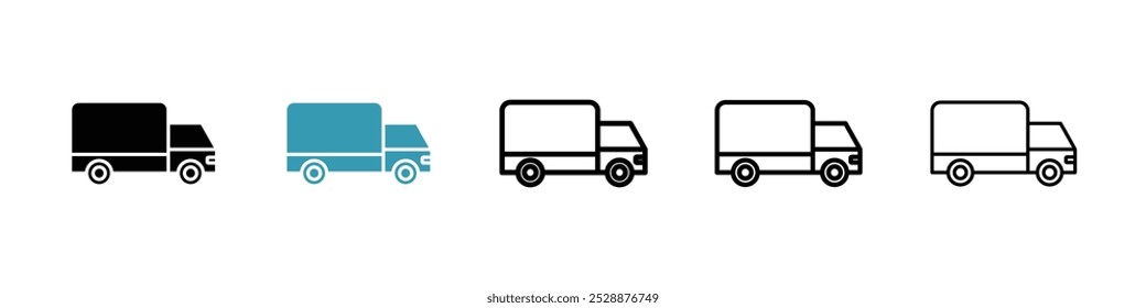 Delivery van vector icon set in black and blue colors.