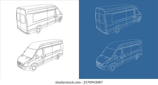 delivery van vector isometric view line art draw blueprint wireframe on isolated on transparent background