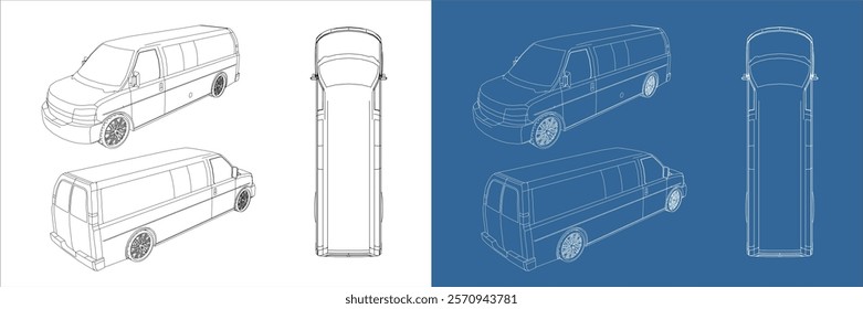 delivery van vector isometric view line art draw blueprint wireframe on isolated on transparent background