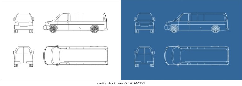 delivery van vector side view line art draw blueprint wireframe on isolated on transparent background