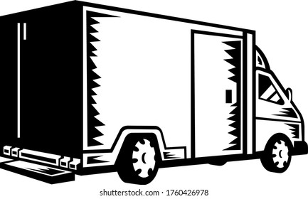 Camioneta de entrega vista desde el retroretro Woodcut negro y blanco