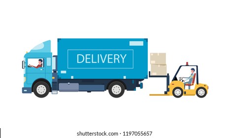 Delivery van and workers. Truck drivers ready to pick up, transport packages and other shipments, convenient parcel service.