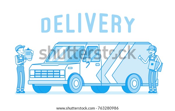 Delivery van and workers. Truck drivers near\
the car ready to pick up things, transport packages and box\
shipments, convenient parcel and orders service. Vector business\
concept line art\
illustration