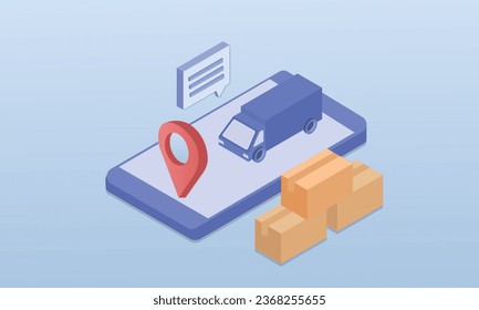 Delivery vans and smartphone location indicators.on blue background.3D design.isometric vector design Illustration.