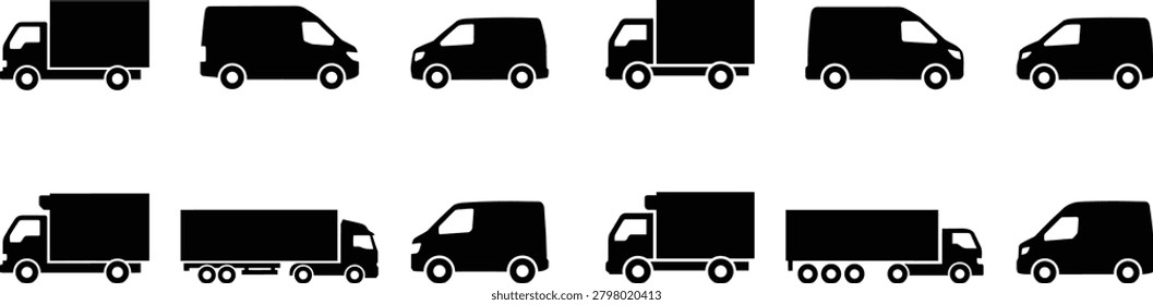 Delivery vans and trucks vector set. various freight vehicles in different angles and sizes for cargo transportation, logistics, and shipping services. black silhouettes on transparent background.