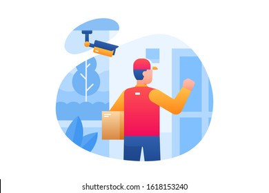 Delivery vector background illustration. A delivery courier is delivering package boxes and knocking on doors while being watched by security cameras.
