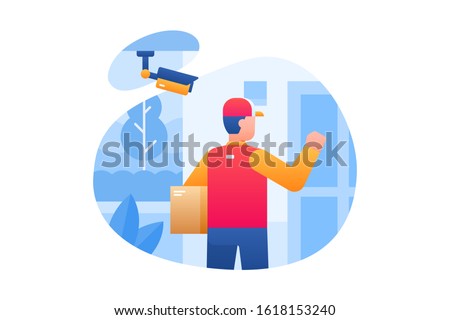 Delivery vector background illustration. A delivery courier is delivering package boxes and knocking on doors while being watched by security cameras.