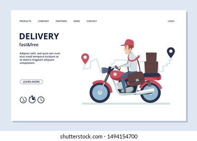 Delivery vector banner. Delivery man on motorcycle with parcels