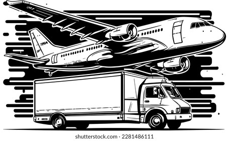 Delivery vector black line illustration isolated white. Sketch art