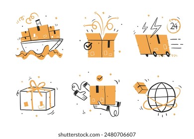 Ilustración del concepto de Vector de entrega. colección de entrega. Colección de varias actividades relacionadas con el envío, paquetes, mensajería, estilo de dibujo a mano para su diseño.