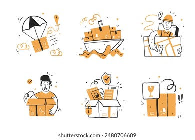 Ilustración del concepto de Vector de entrega. colección de entrega. Colección de varias actividades relacionadas con el envío, paquetes, mensajería, estilo de dibujo a mano para su diseño.