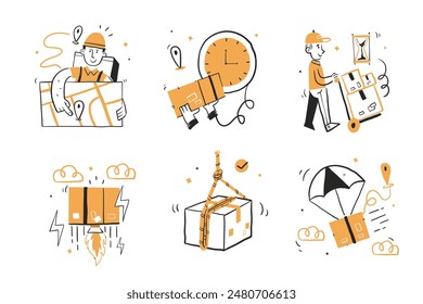 Abbildung des Lieferkonzepts. Kollektion der Vektorgrafik. Kollektion von verschiedenen Aktivitäten im Zusammenhang mit Versand, Pakete, Kuriere, Handzeichnung Stil für Ihr Design.