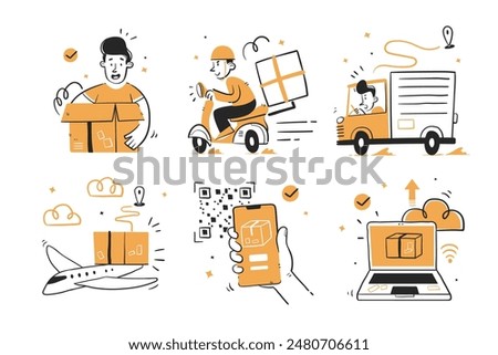 Delivery vector concept illustration. collection of delivery. Collection of several activities related to shipping, parcels, couriers, Hand draw style for your design.