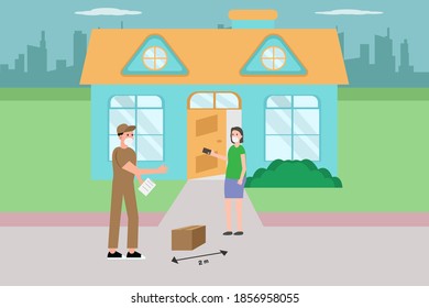 Delivery vector concept: Male courier in face mask receiving credit card payment from client at the yard with social distance during corona virus pandemic