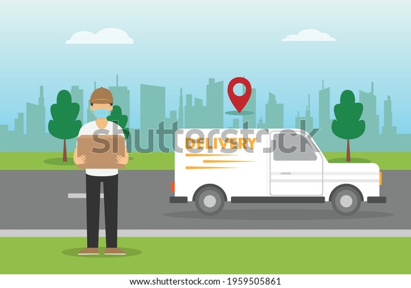 Delivery vector concept. Delivery\
man in face mask holding package with delivery car\
background