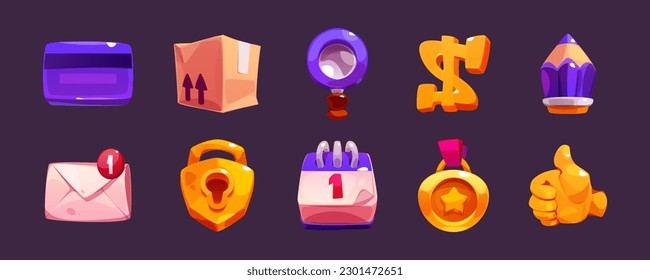 Delivery vector game ui element set. Isolated cartoon glossy credit card, dollar, pencil, medal, magnifying glass and calendar icon pack for computer menu interface. Thumbs up finger gesture clipart