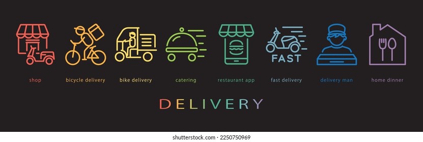 Delivery vector icon set. neon color on black background.