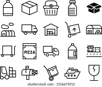delivery vector icon set such as: product, delivering, pizzeria, thin, supermarket, sale, road, passenger, shelf, add, lift, environment, cruise, vacation, postage, basket, machinery, depot, handle