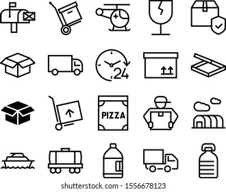 delivery vector icon set such as: round, hand-truck, badge, red, passenger, traffic, emergency, ocean, interface, rescue, trolley, collection, railroad, thin, ship, railway, address, letterbox, day