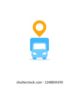 delivery vector icon with van and map pin