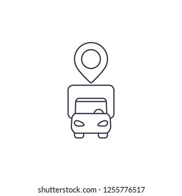 delivery vector icon with van and map pin, linear