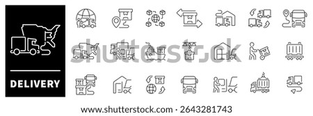 Delivery vector icons collection. Thin line icons related to delivery and logistics. Delivery vector icons in line style