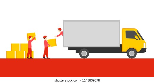 Delivery vector illustration with cargo truck and group of people and carton boxes