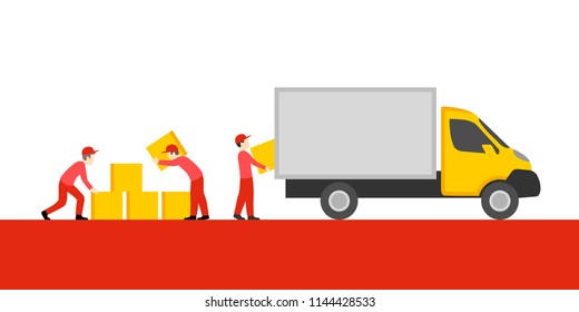 Delivery vector illustration with cargo truck and group of people and carton boxex