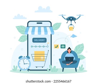 Delivery vector illustration. Cartoon shopping cart with box in online store with canopy on phone screen, time line delivery in mobile app for customer, drone delivering package to tiny consumer