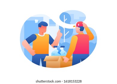 Delivery Vector Illustration. A Customer Is Angry And Mad To Delivery Courier Because The Goods That He Ordered Are Broken.