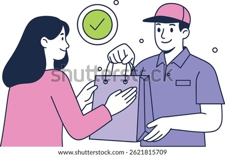 Delivery Vector Illustration: Man Delivering Package to Woman