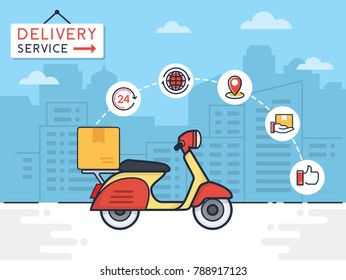 Delivery vector illustration. Delivery service with scooter motorcycle and cardboard boxes on city background. Delivery 24 hour concept. vector illustration