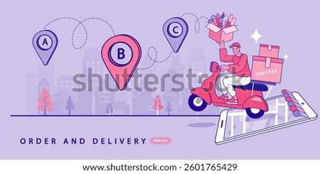 Delivery vector illustration. Delivery service with scooter motorcycle and cardboard boxes. checking cargo and transport document. Goods in box packages for supply, shipment. Global logistics network.