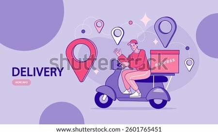 Delivery vector illustration. Delivery service with scooter motorcycle and cardboard boxes. checking cargo and transport document. Goods in box packages for supply, shipment. Global logistics network.
