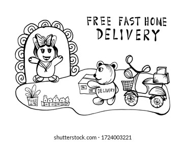 Delivery vector image Delivery of parcels, utensils and food using a shipping box near the door due to the coronary outbreak of the C0vid-19 virus. Safe. No home delivery.