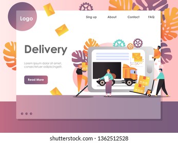 Delivery vector website template, web page and landing page design for website and mobile site development. Urgent courier express parcel or package delivery service online concept.
