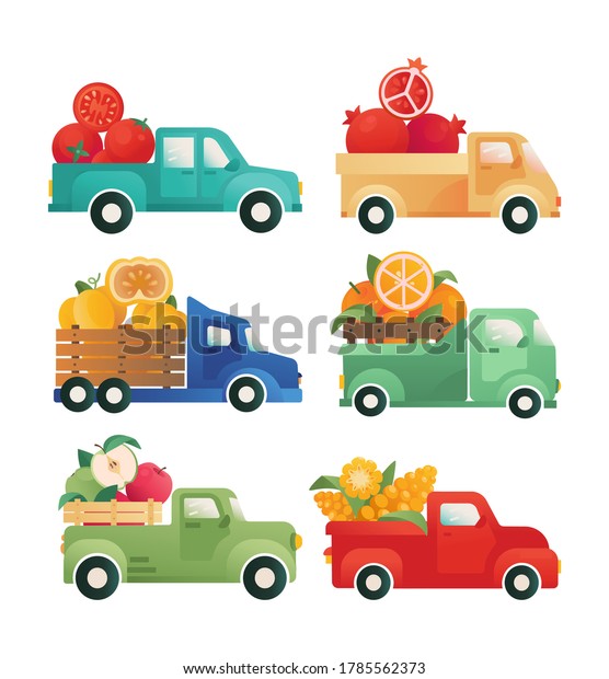 Delivery of vegetables, fruits isolated icon.\
Machines with harvest inside. Cars with an open trunk. Vector\
vintage vans, pick-up, trucks. Concept for advertising, logo,\
packaging. Fresh food\
supplier