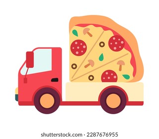 Delivery vehicle with pizza flat concept vector spot illustration. Editable 2D cartoon object on white for web UI design. Pizzeria fast food creative hero image for website landings, mobile headers