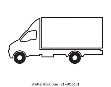 Delivery vehicle side drawing, simple outline graphic illustration. Big pickup truck with big cargo space logo drawing. Shipping automobile symbol drawing icon.