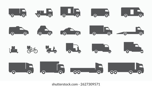 Conjunto de ícones de tipos de veículo de entrega. Veículo de correio em forma sólida. Caminhão de transporte, reboque de carga, carro de entrega de alimentos, van, logotipo de sinal de caminhão