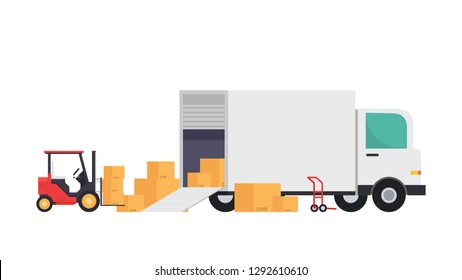 Vehículos de entrega. vector de caricatura de caja. espacio libre para texto. fondo de pantalla. Vector de caricatura de carretilla elevadora.