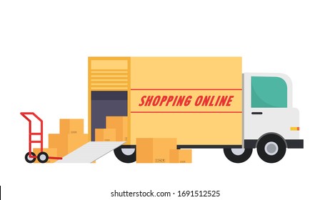 Delivery vehicles. box cartoon vector. free space for text. shopping online wallpaper.