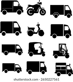 Entrega Veículos Silhuetas Conjunto 14 Logística e Ícones Utilitários