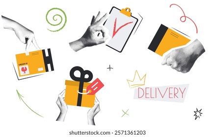 Delivery vintage collage conception set in retro halftone design. Collection with hands holding post boxes and gifts, receiving and sending parcels, customers using shipping. Vector illustration.