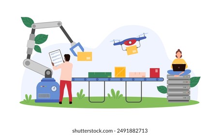 Delivery or warehouse warehouse, automated postal service with conveyor belt on smart packaging line. Tiny people, drone and robot packing boxes in storehouse center cartoon vector illustration